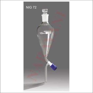 SEPARATING FUNNELS, WITH SCREW TYPE PTFE NEEDLE VALVE STOPCOCK, INTERCHANGEABLE STOPPER, GLOBE SHAPE, PLAIN STEM